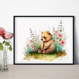 Cute Teddy Bear Watercolor Floral Illustration Art Painting Print‎